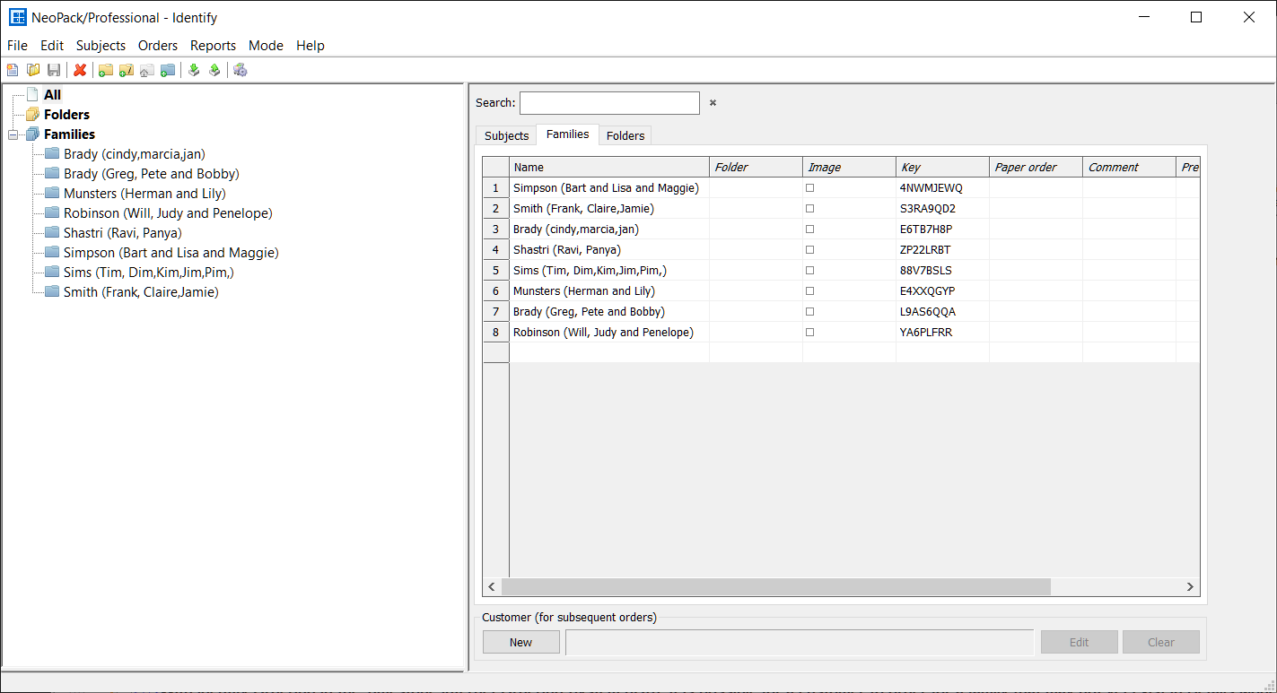 List of family folders with names and keys in NeoPack software interface.