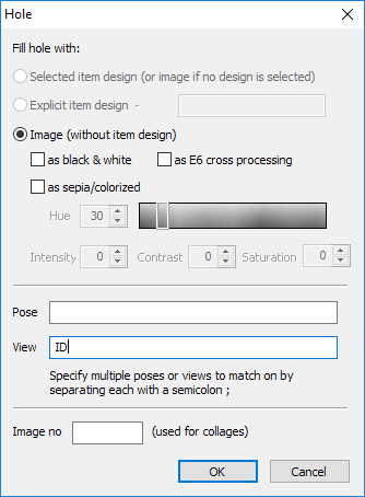 Settings window for filling holes in images with various options and adjustments.