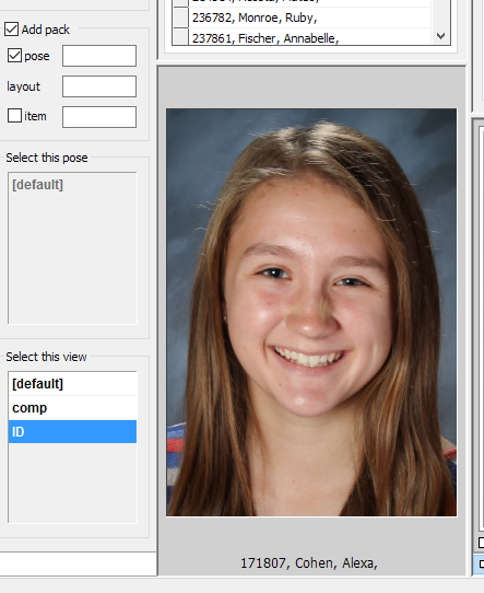 A smiling girl with long hair, displaying her ID photo and details.