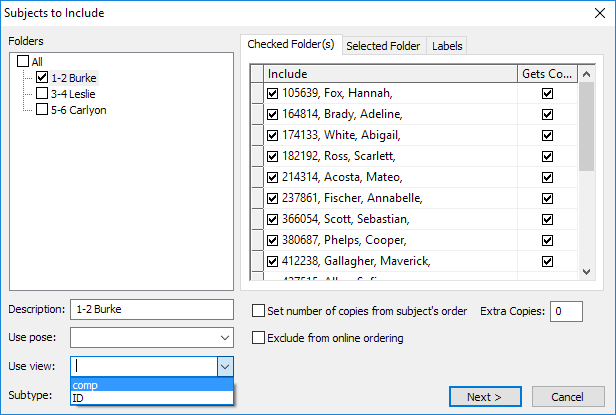 List of subjects to include with checkboxes for selection in a document interface.