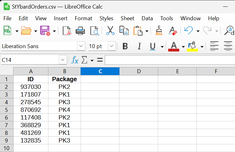 A csv file displaying subject IDs and corresponding package types.