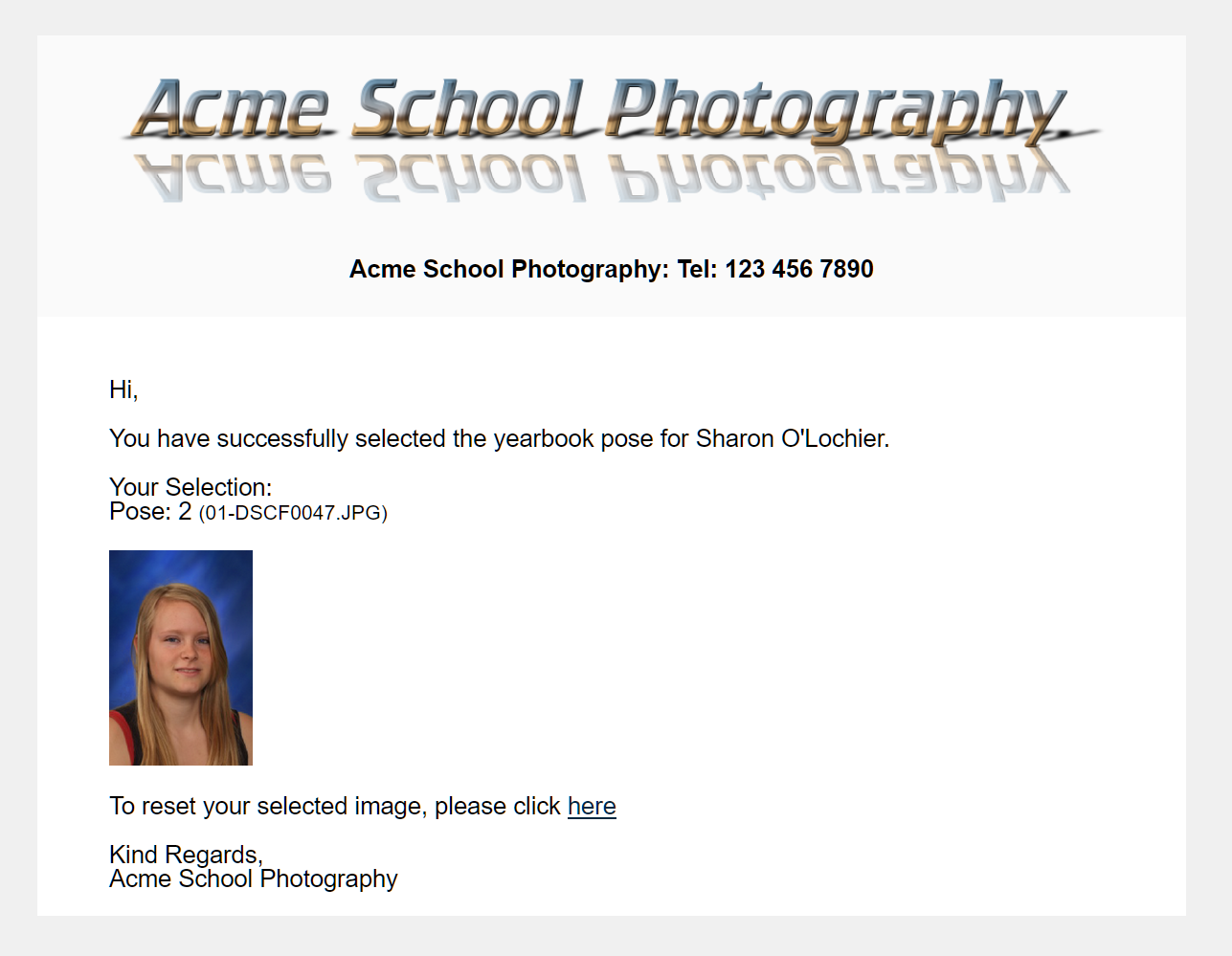 Confirmation email for Sharon O'Lochier's yearbook photo selection at Acme School Photography.