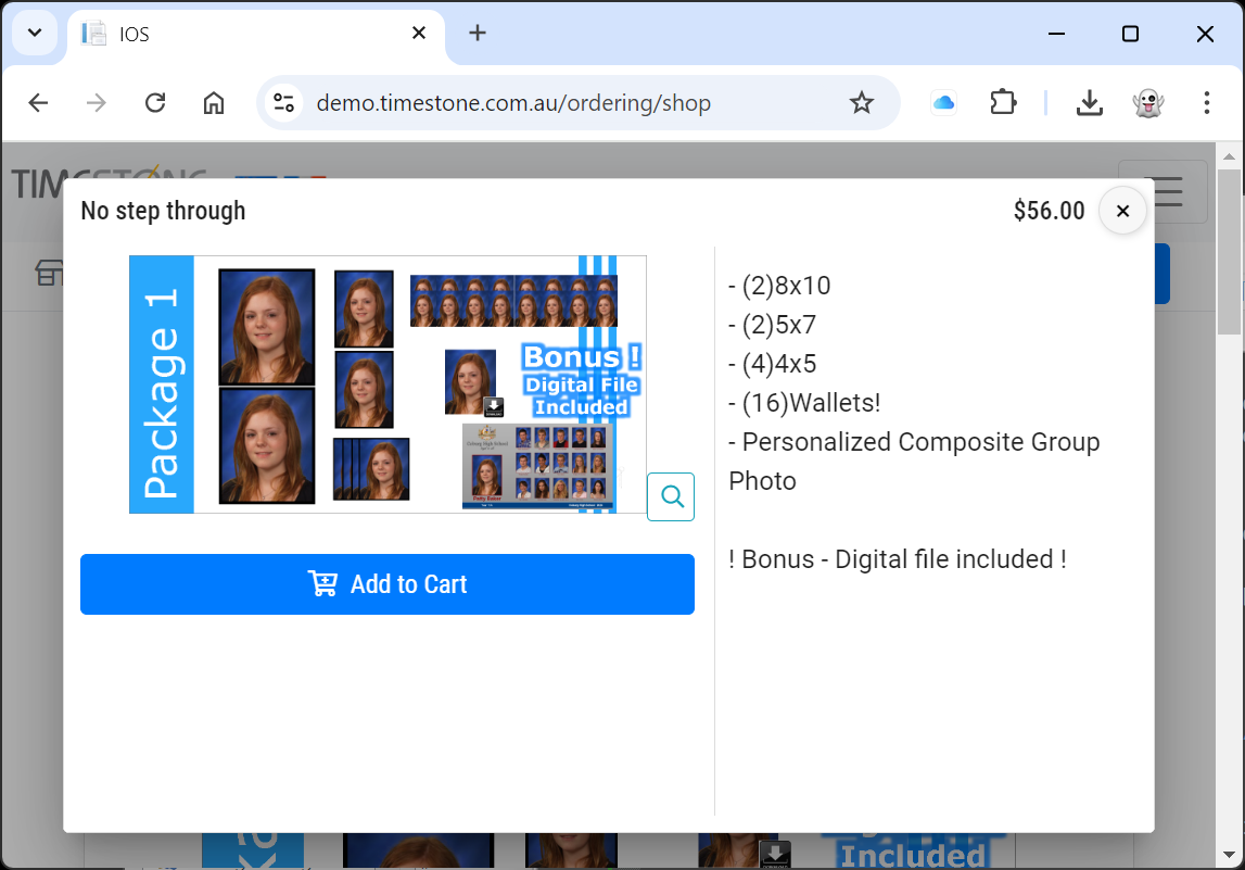 Package details for photo order including sizes and bonus digital file included.