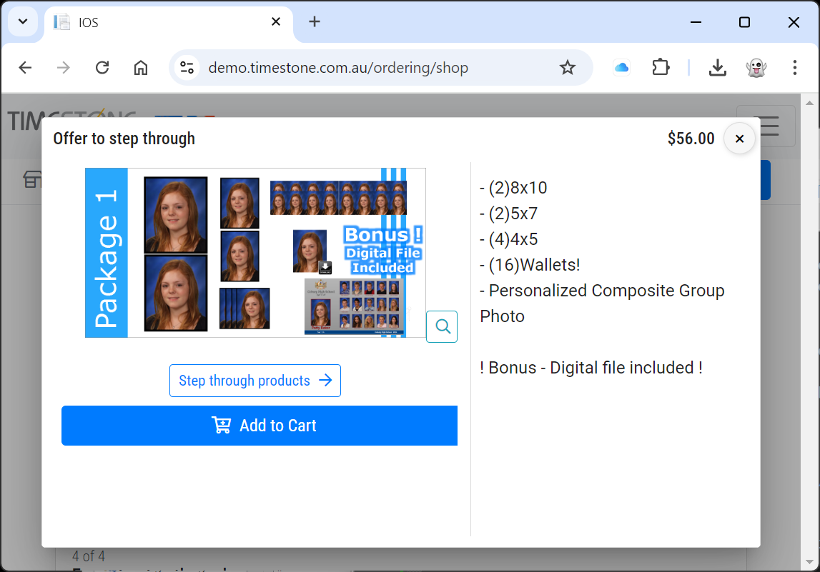 Package details for photo order including sizes and bonus digital file offer.