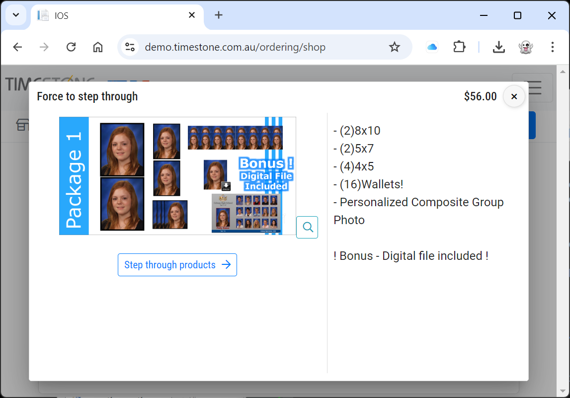 Package details for personalized photo products including digital file bonus offer.