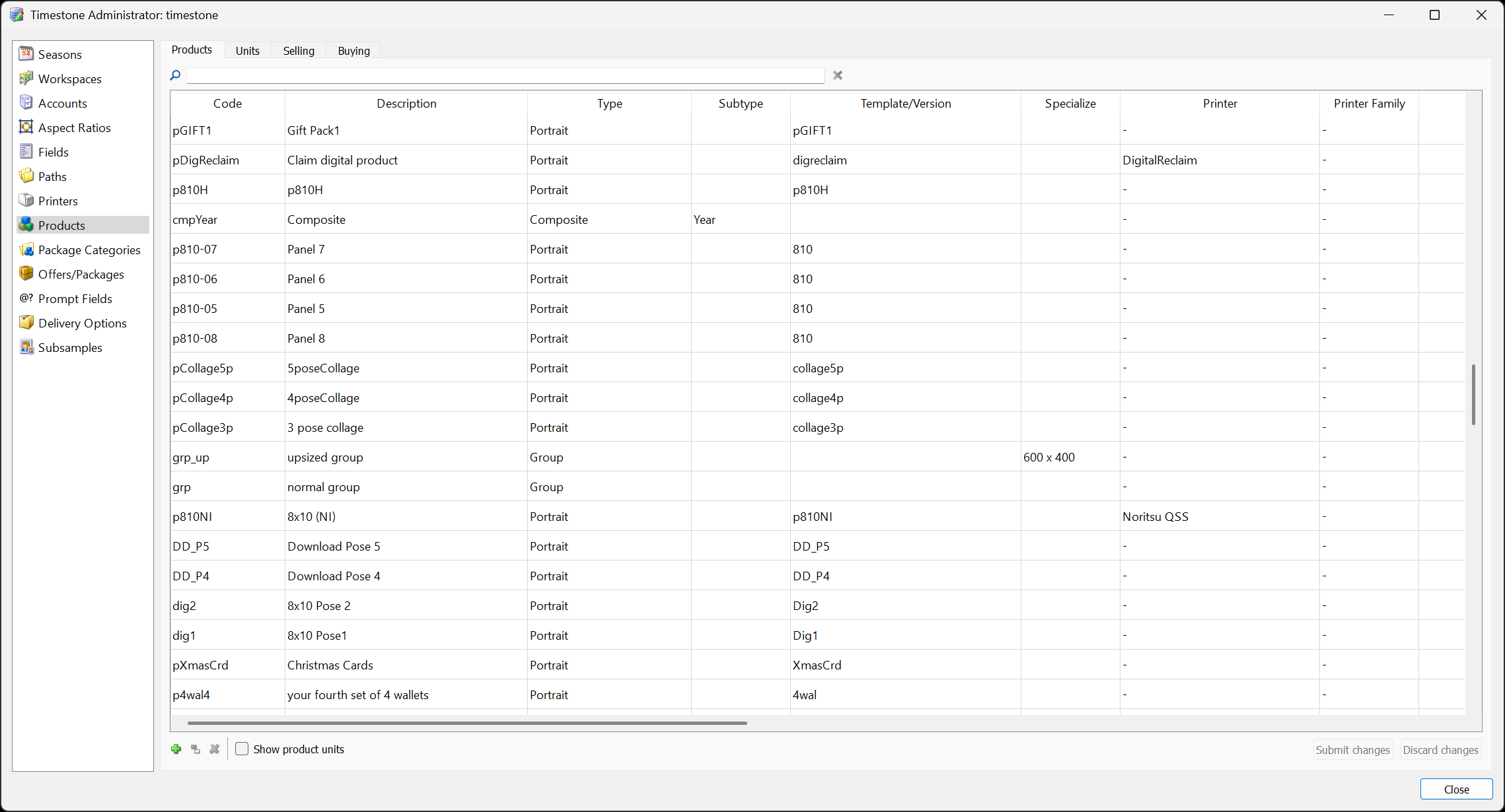 Products in tsAdmin