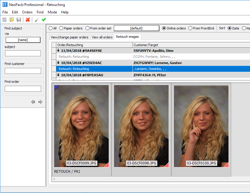 A retouched image with blue indicator. Click the green 'Retouching completed' icon to mark the order's retouching as complete.