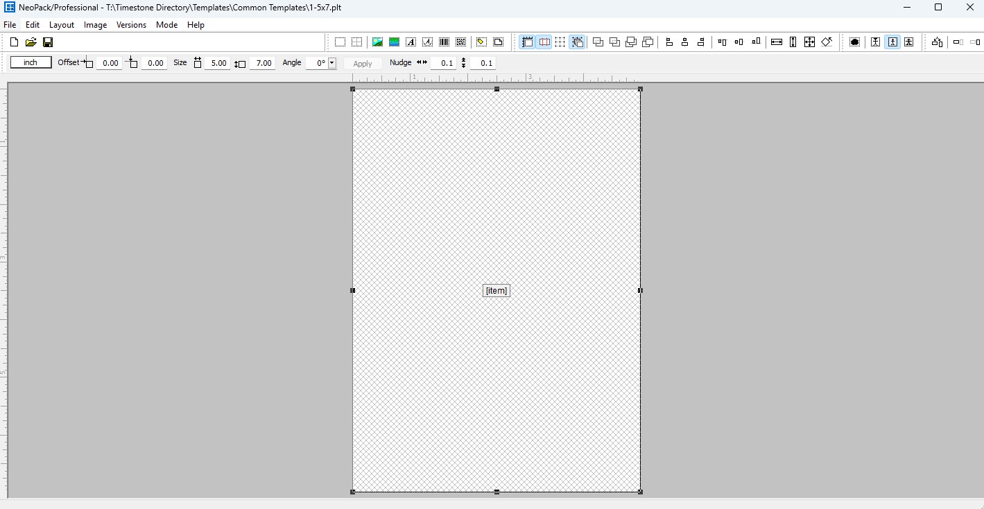 Template layout with a central item placeholder for design purposes.