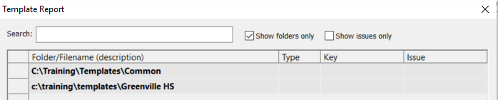 Template report showing folder paths and types for training templates.