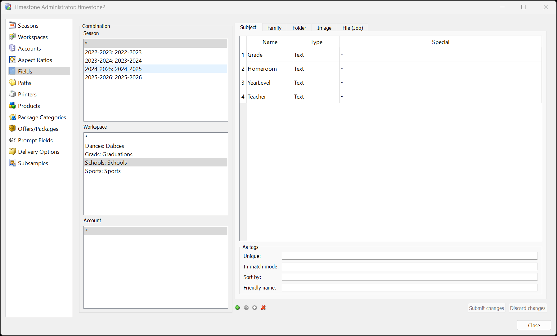 Specific fields in tsAdmin