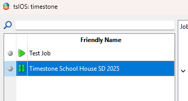 Display of job list with paused and highlighted Timestone School House SD 2025 entry.