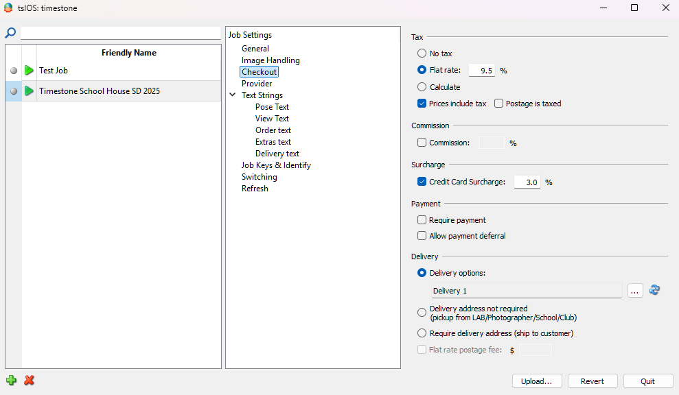 Settings for job management including tax, commission, and delivery options.