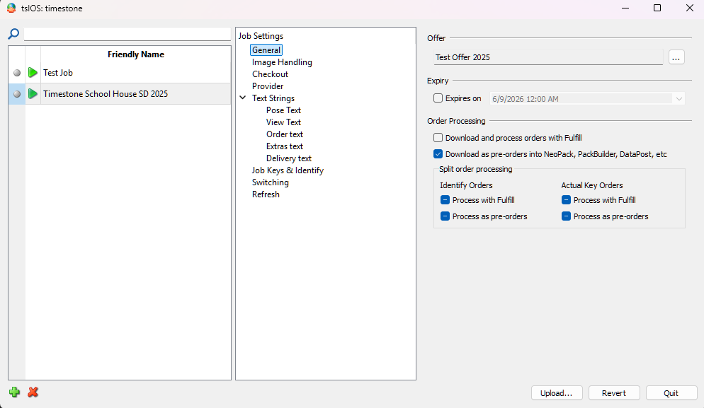 Settings interface displaying job options and order processing features for Timestone software.