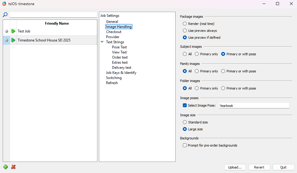 Settings for image handling and job configurations in the software interface.