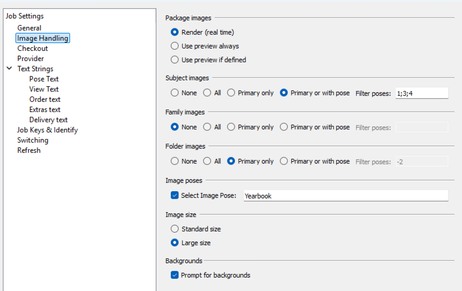 Settings for image handling, including options for rendering and image poses.