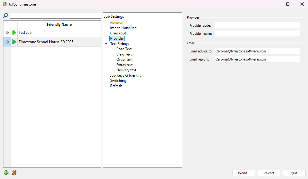 User interface displaying job settings and provider information for Timestone software.