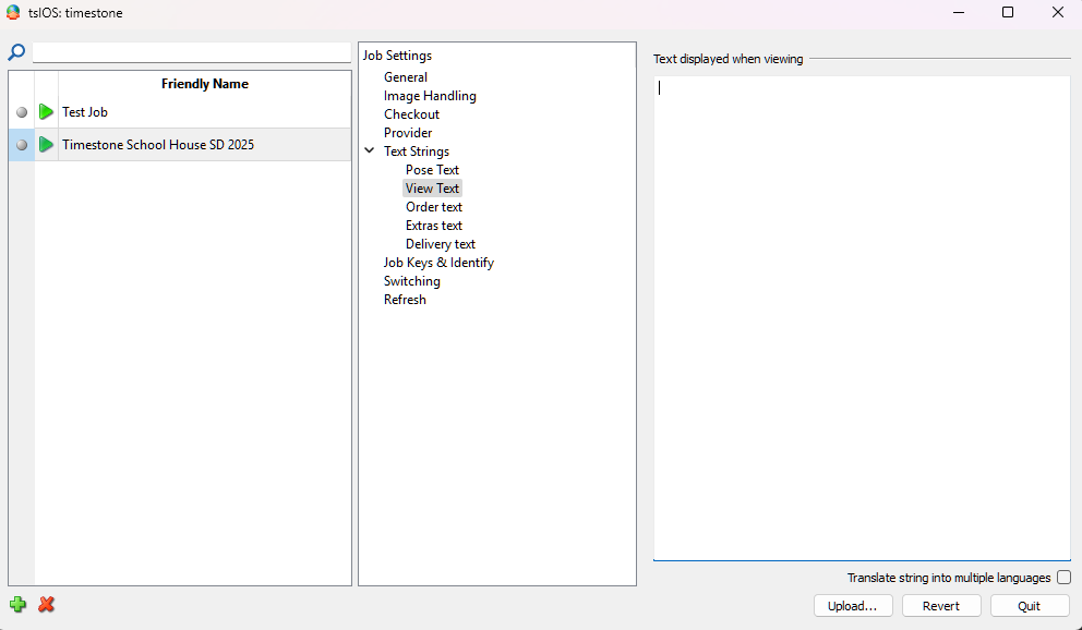 Interface displaying job settings and text strings for a school project management tool.