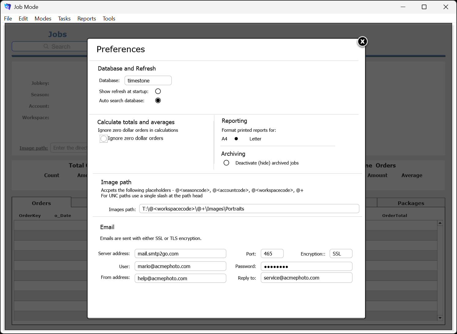 The tsPortal Preferences window with SMTP credentials entered.