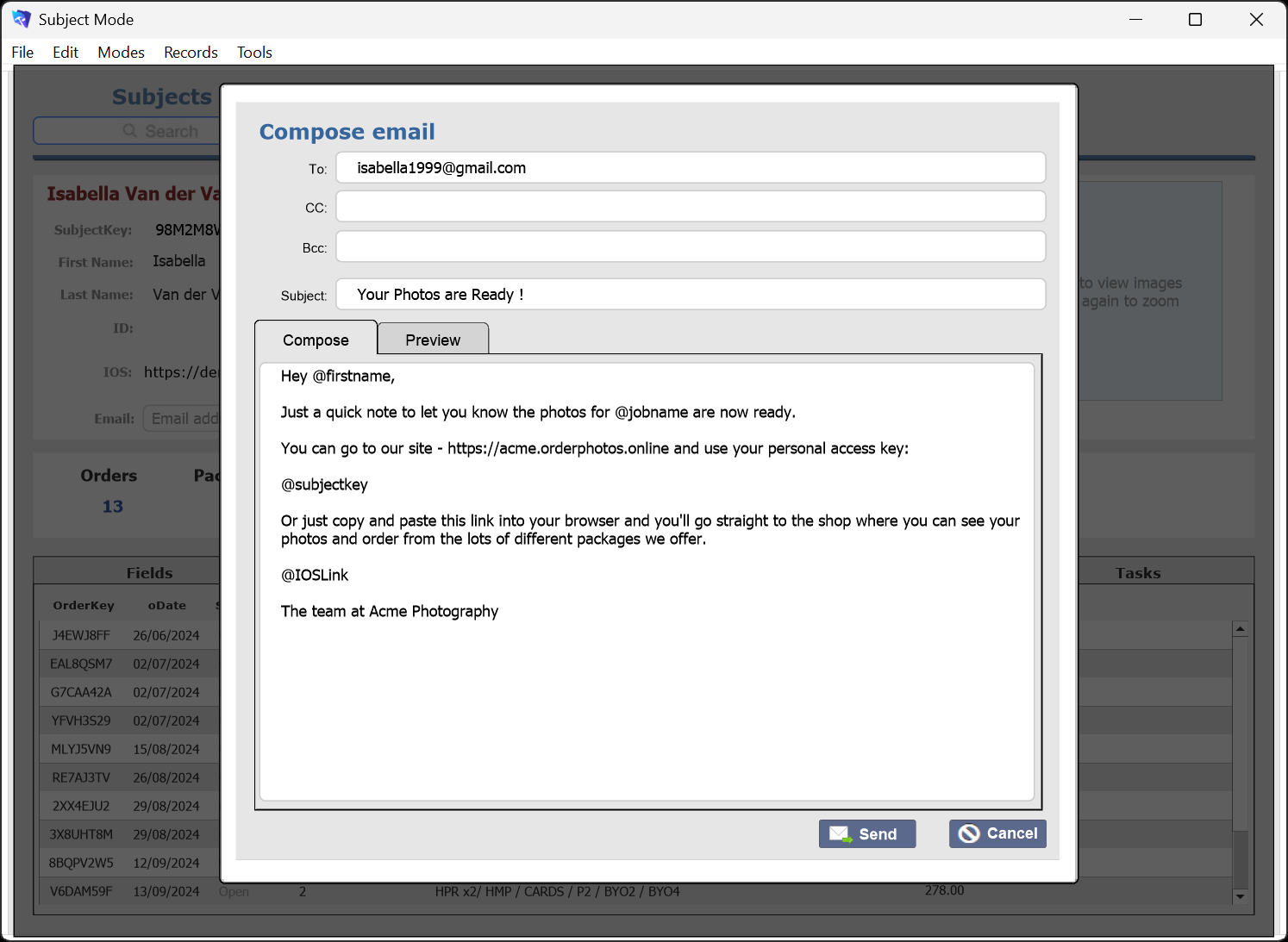 Composing a subject email in tsPortal