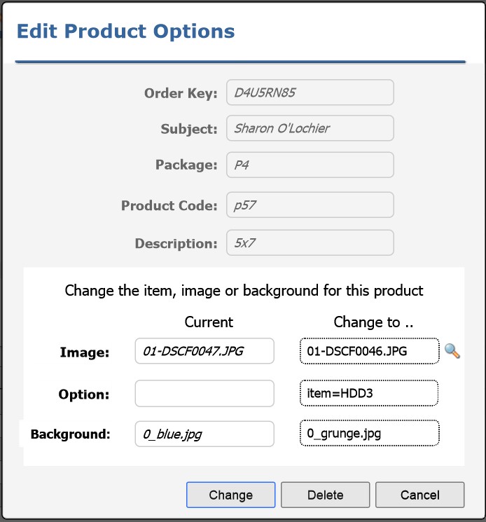 The Edit Product Options window in tsPortal where the product's image, item and background can be changed.