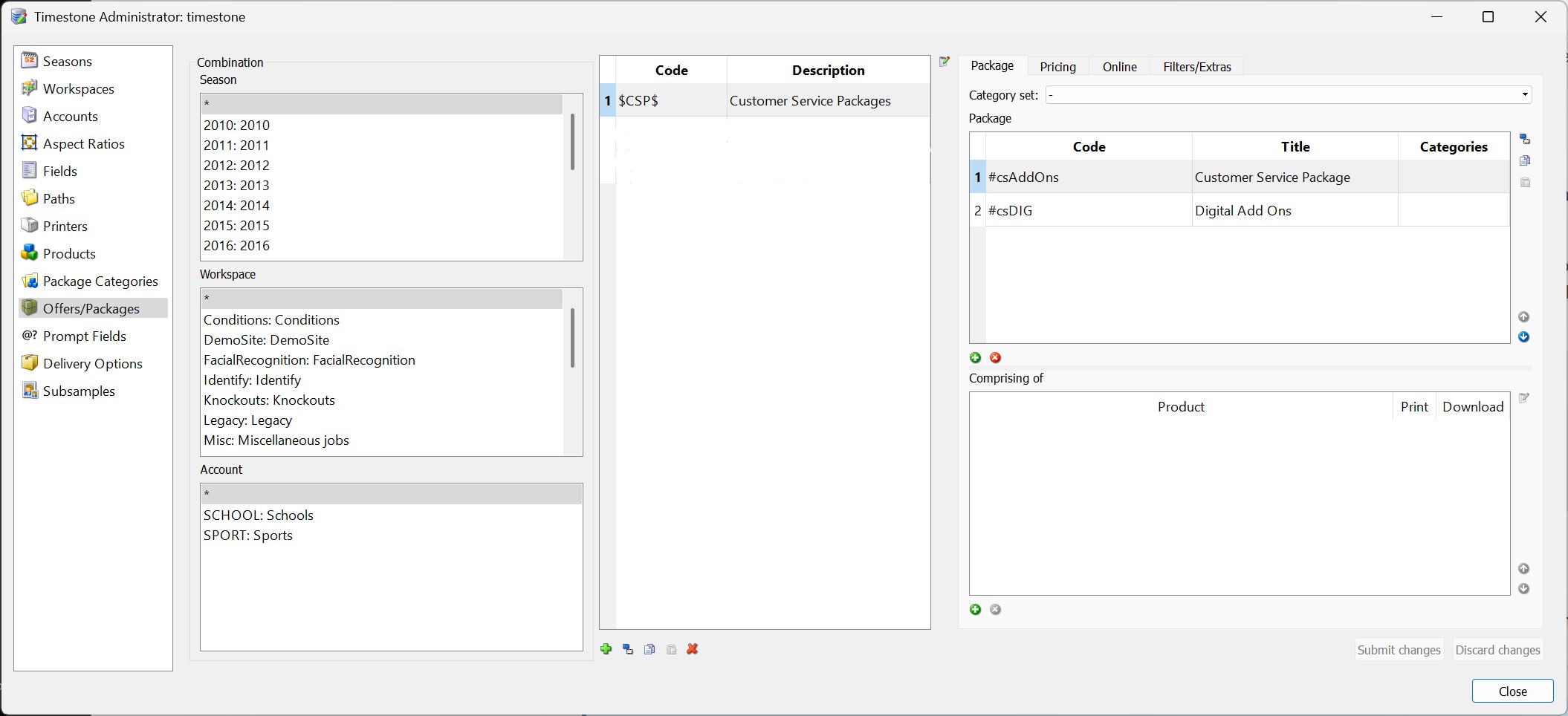 tsAdmin showing an Offer with Customer Service Packages