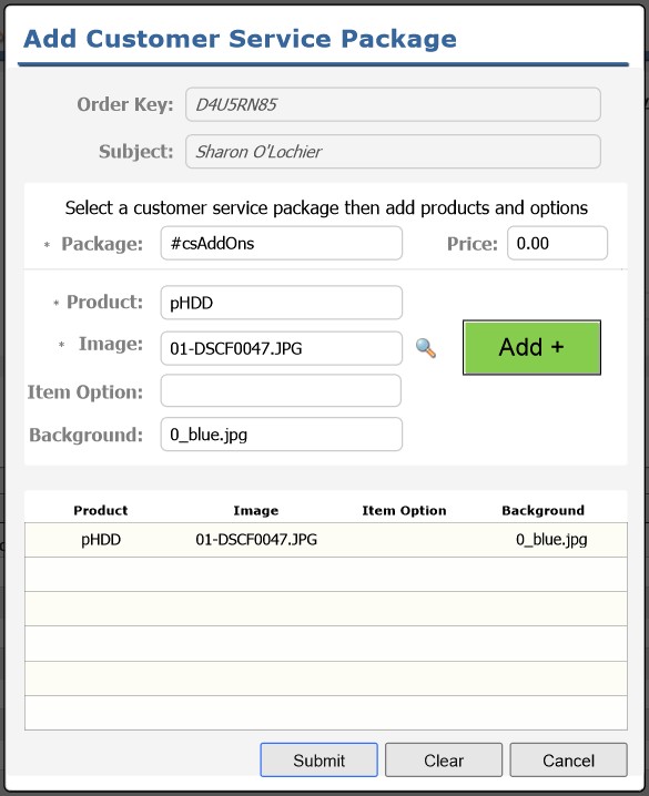 The Add Customer Service Package window in tsPortal.