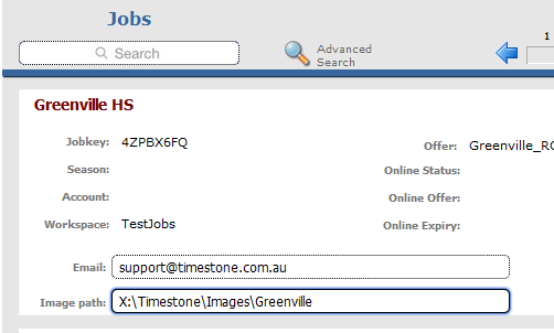 Job details for Greenville HS including job key, email, and image path.