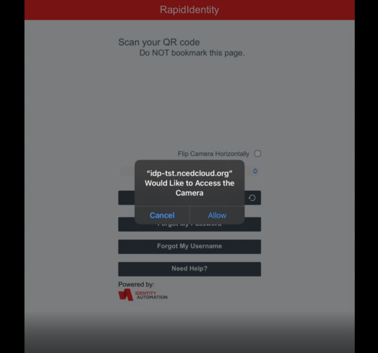 Approval prompt: "idp-tst.ncedcloud.org would like to access the camera"