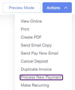 Action menu, process new payment