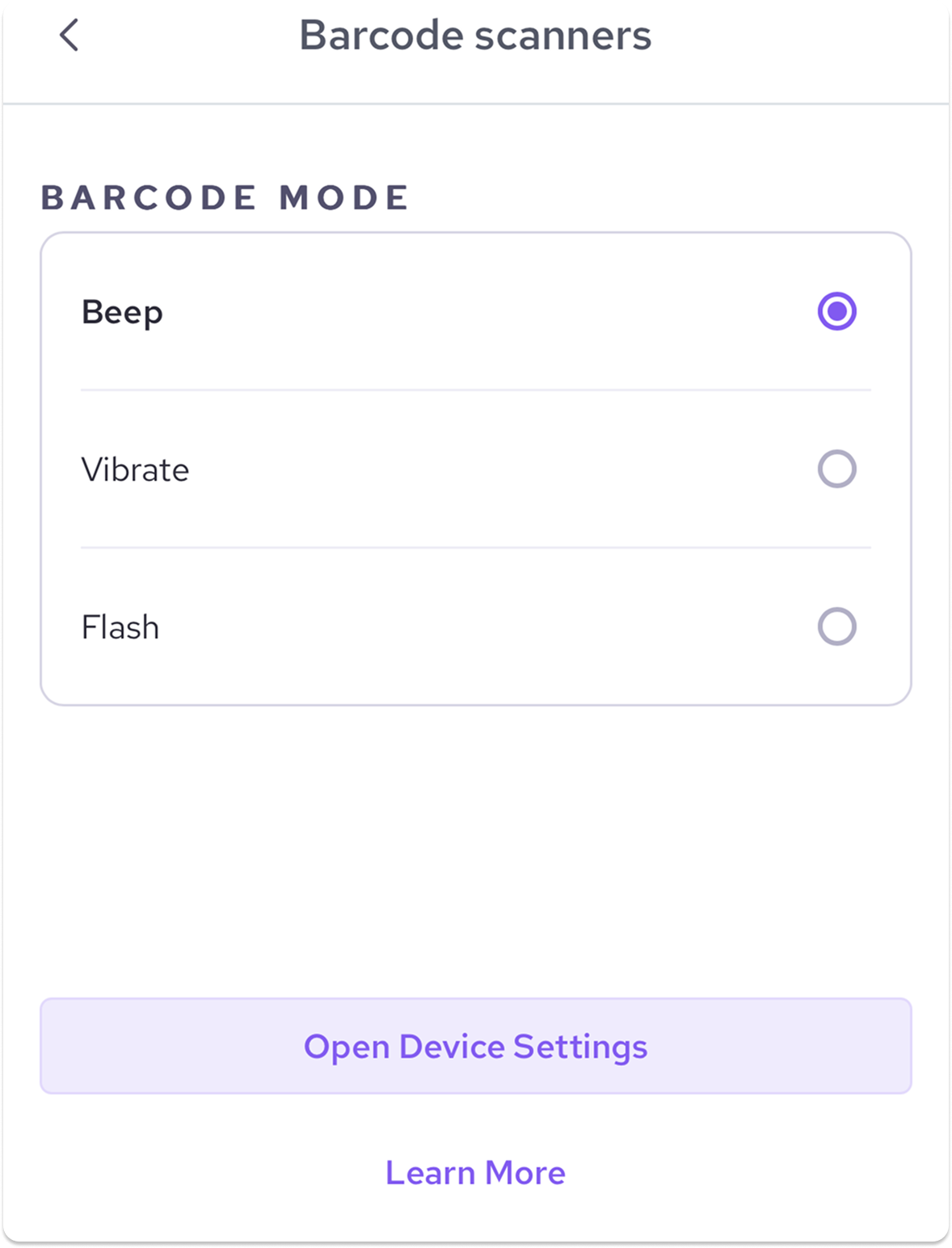 Barcode scanners page for selecting barcode mode.