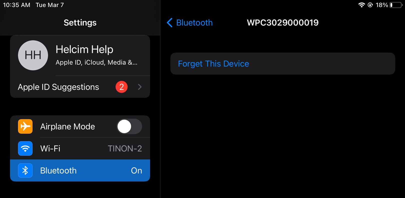 iOS Bluetooth settings list, forget device