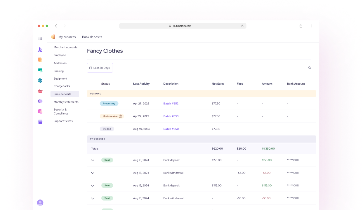 View Helcim deposits under the Bank Deposits