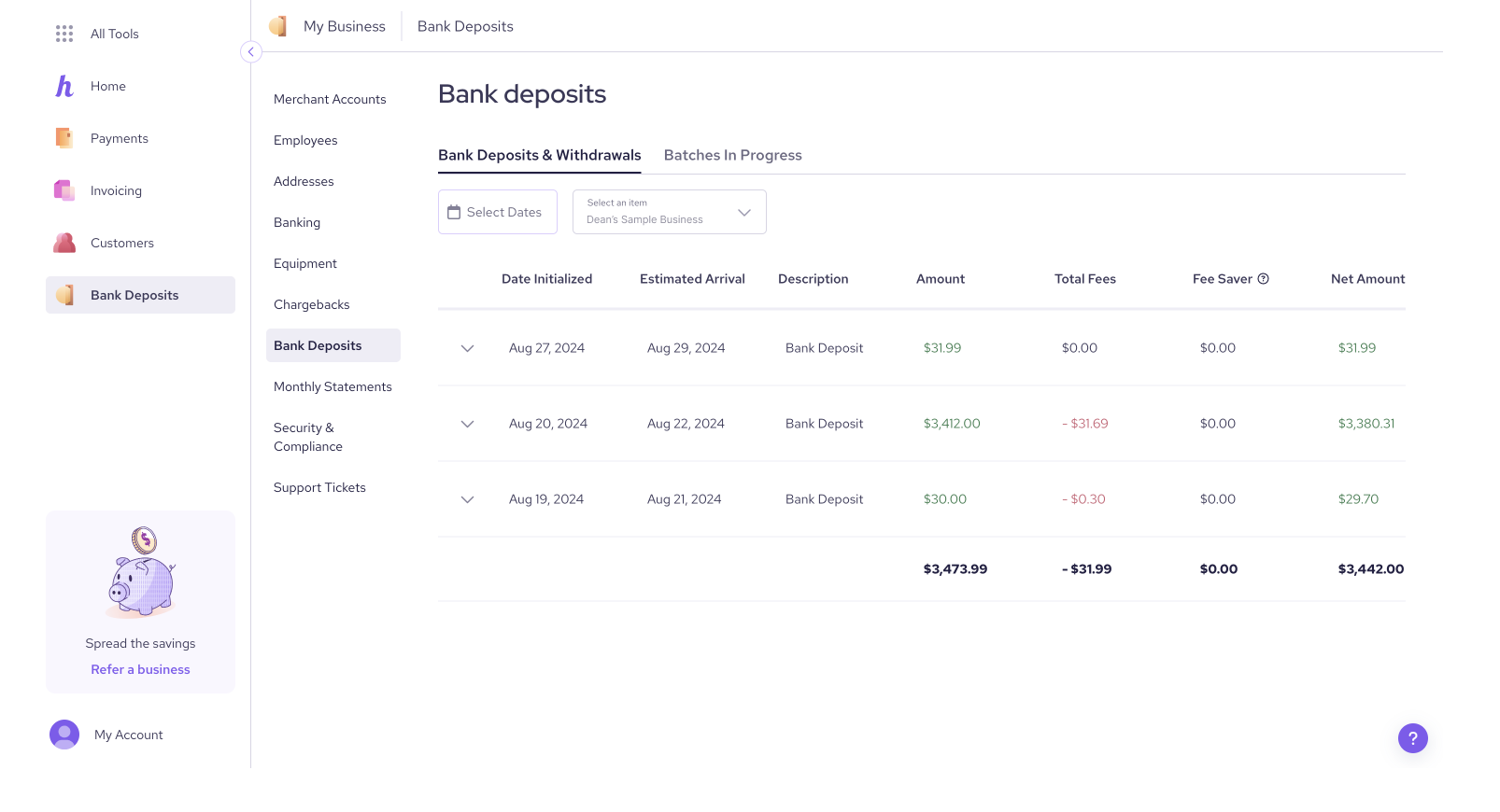 Review bank deposits and withdrawals in Helcim