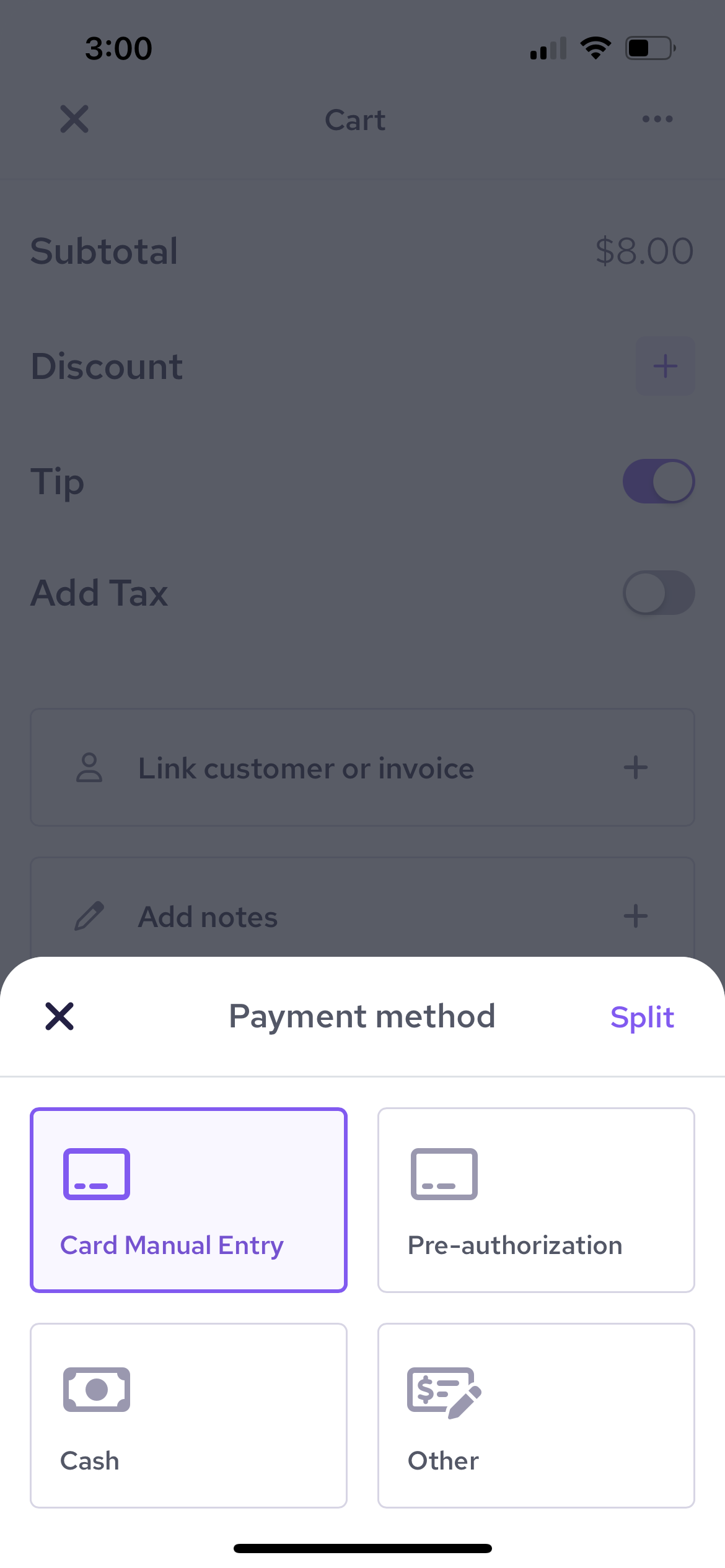 Select payment method for charges using Helcim POS mobile app