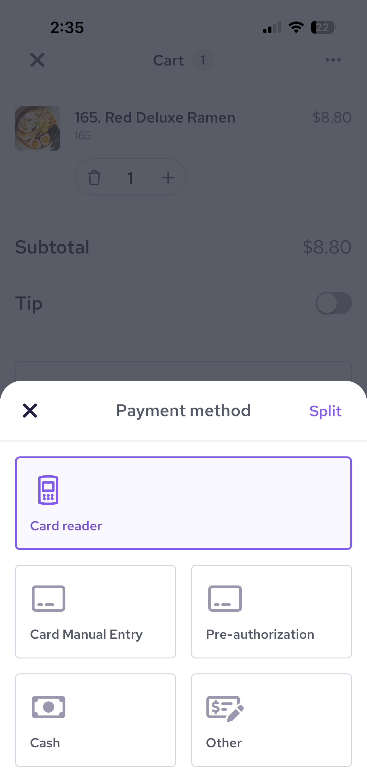 Select payment method to process payments using Helcim mobile POS app