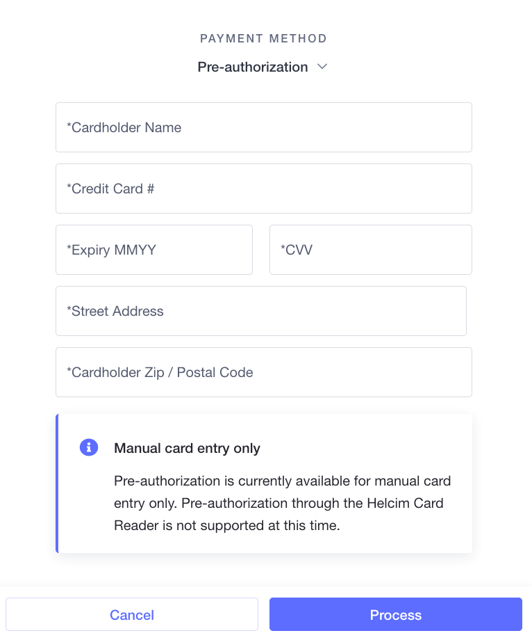 Payment method pre-auth, manually card entry