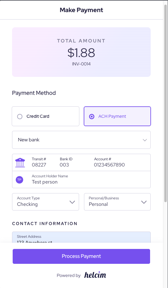 Payment modal with ACH