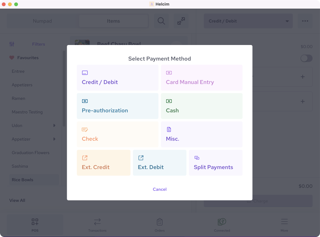 Select payment method to process payment through Helcim POS app