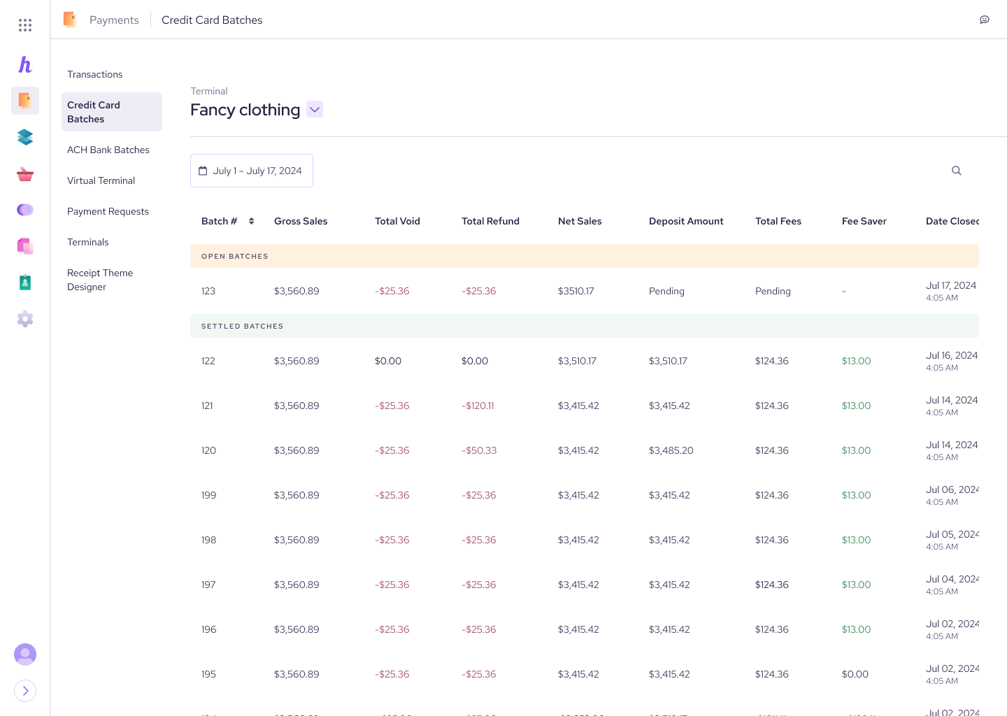 Manage credit card batches