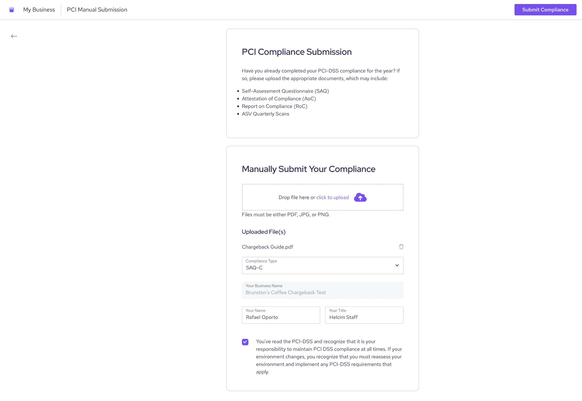 PCI compliance manual submission screen