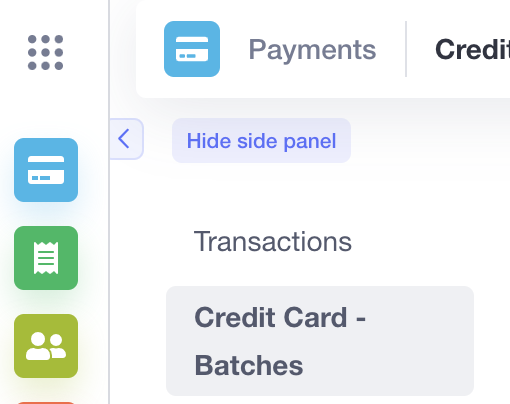 show side panel credit card batches