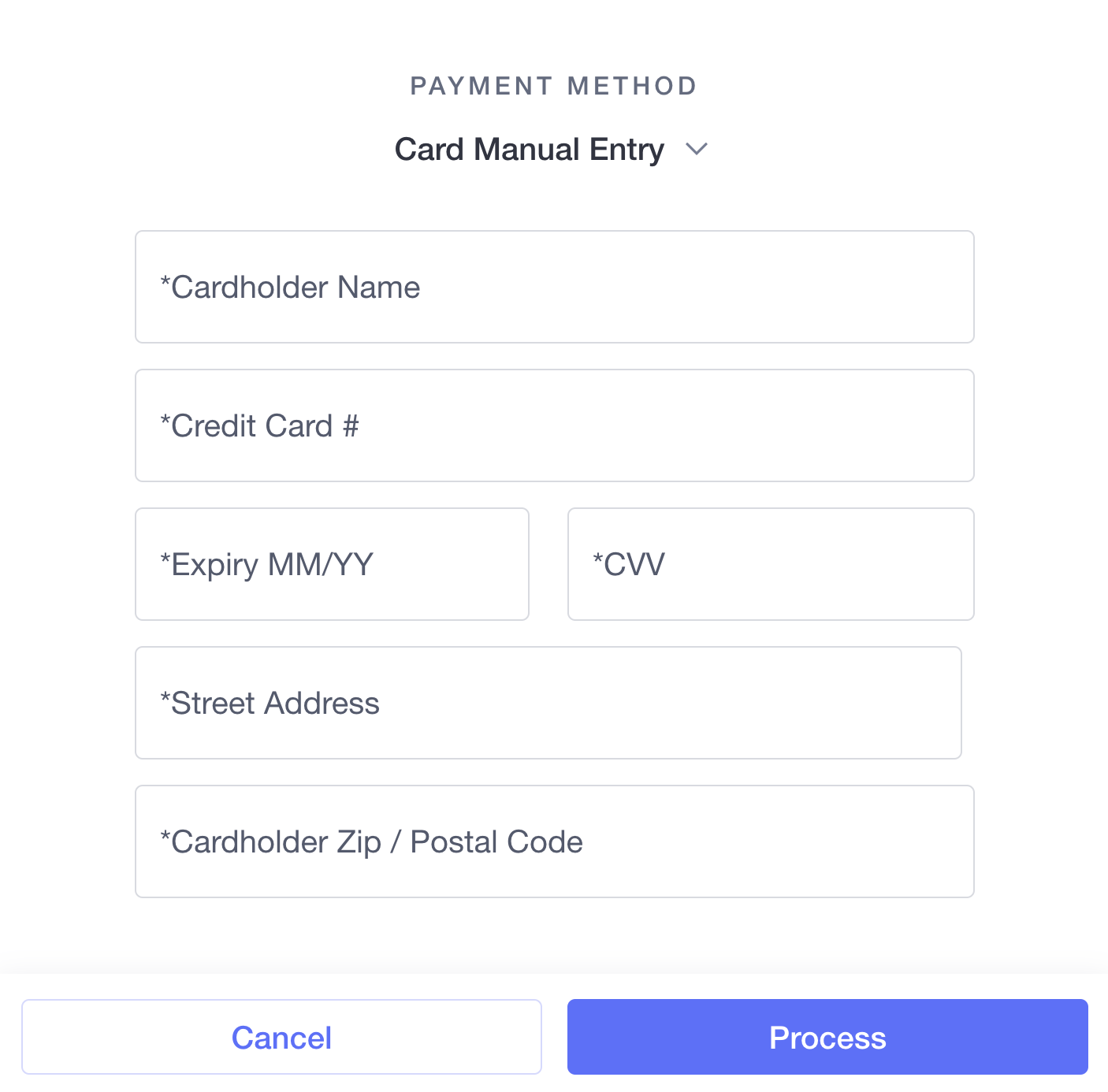 card manual entry form with cancel and process buttons