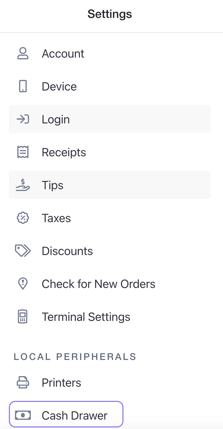 cash drawer under local peripherals in settings menu