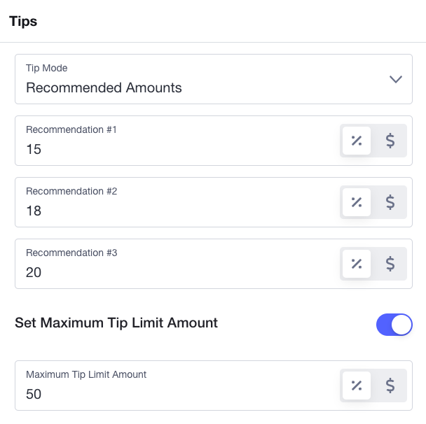 recommended amounts, custom amount prompt and no tips