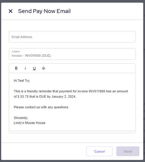 Edit send pay now email message of Helcim invoices