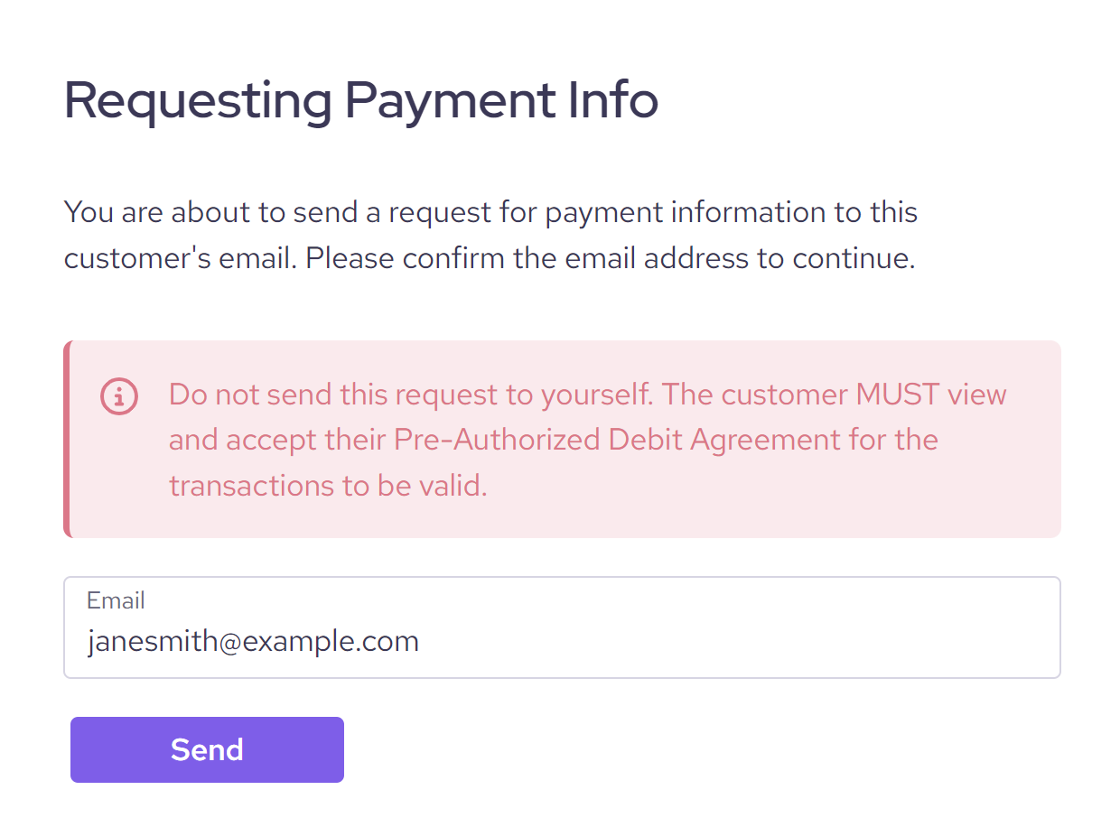 Send request payment info from clients via Helcim