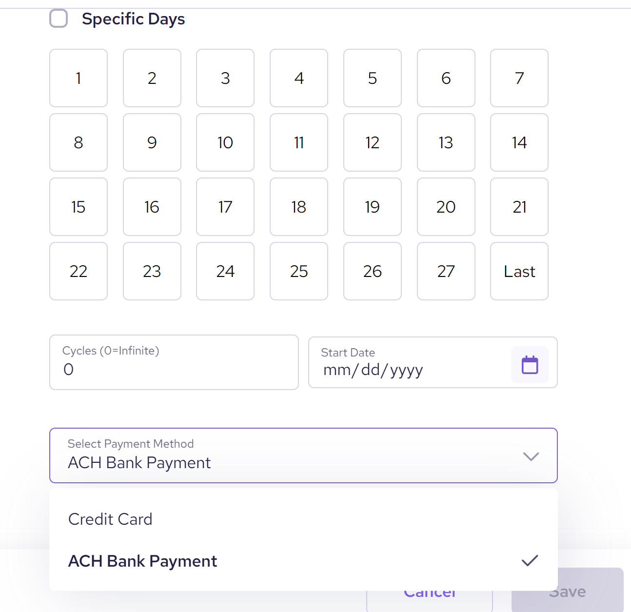 Select ACH payment for Helcim recurring invoicing