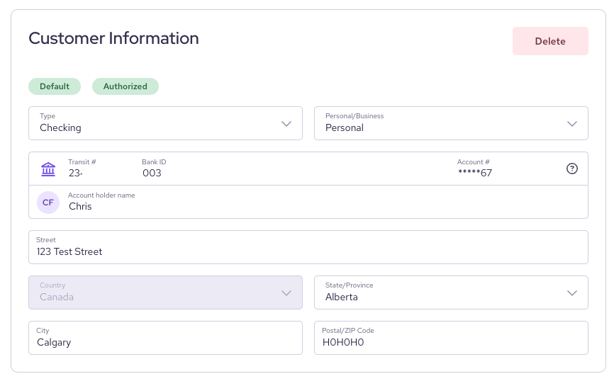 Edit customer information for ACH payments in Helcim