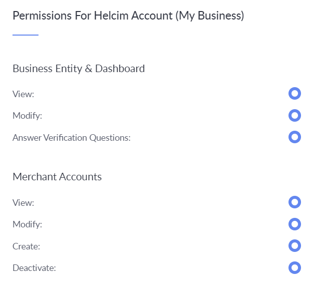 permissions for Helcim Account
