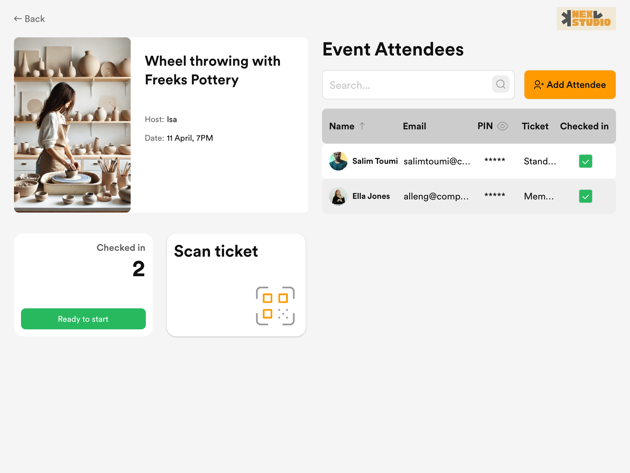 NexEvents screen for hosted mode
